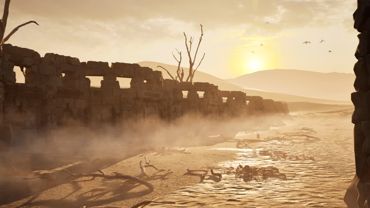 Stone wall path in desert arid environment on sunset with scattered bones , skulls, and dust 3D animation camera move forward