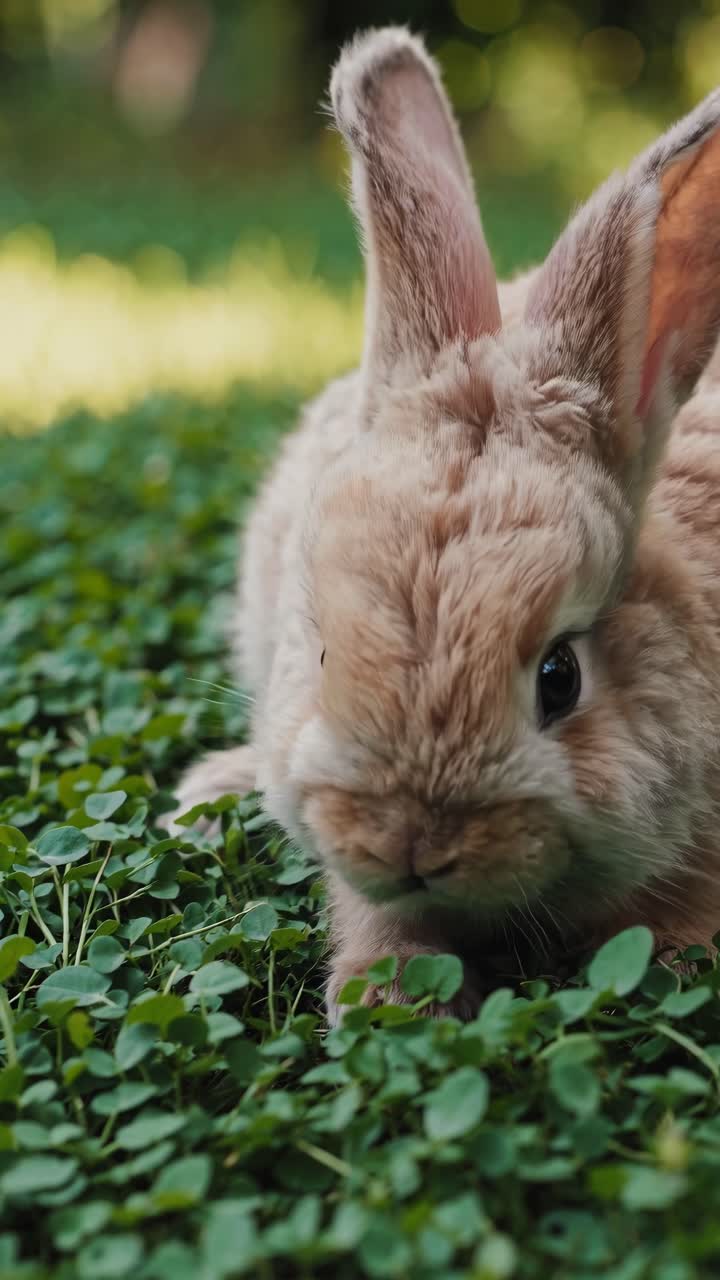 Close-up video of a fluffy rabbit nibbling clover in a lush garden