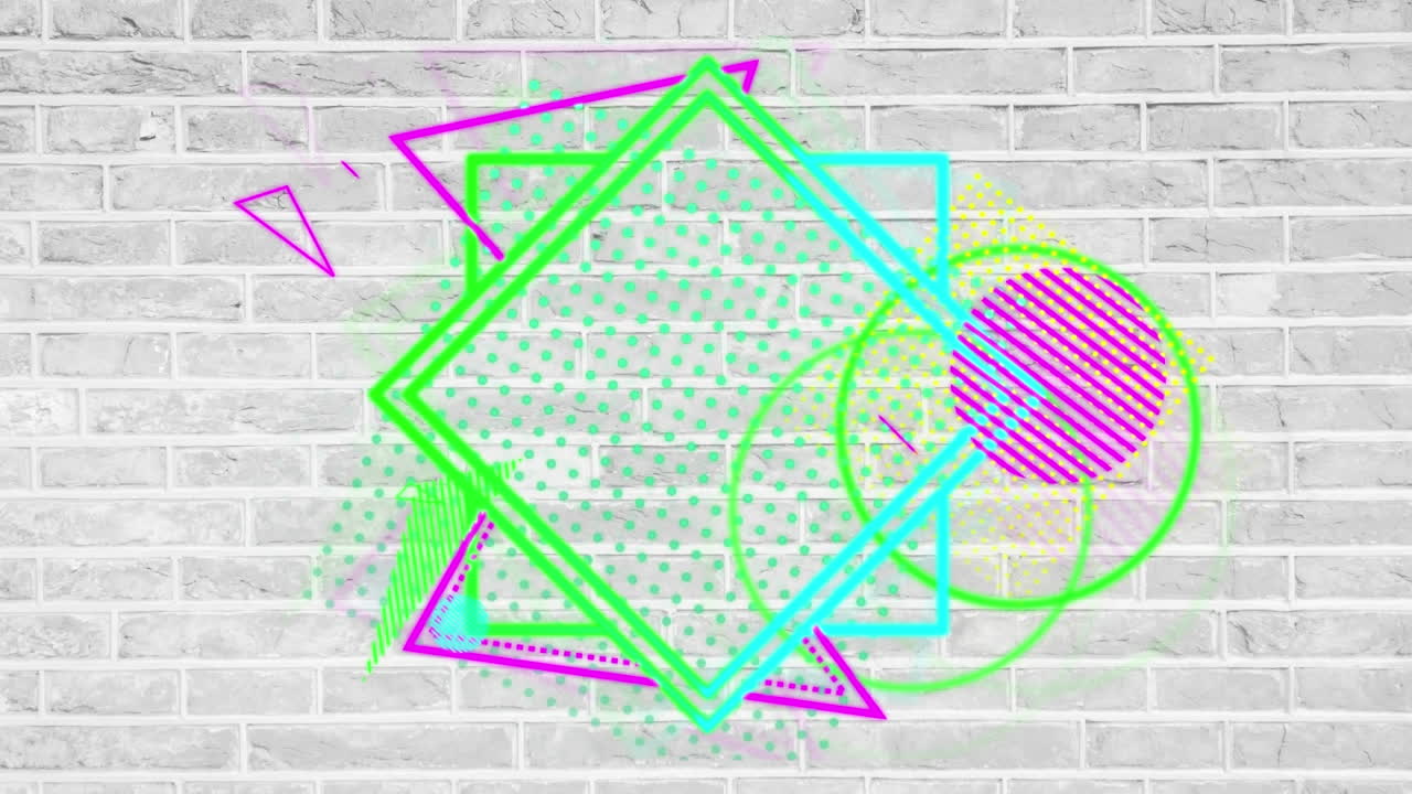 animación de formas gráficas de colores, sobre un fondo de pared de ladrillo gris