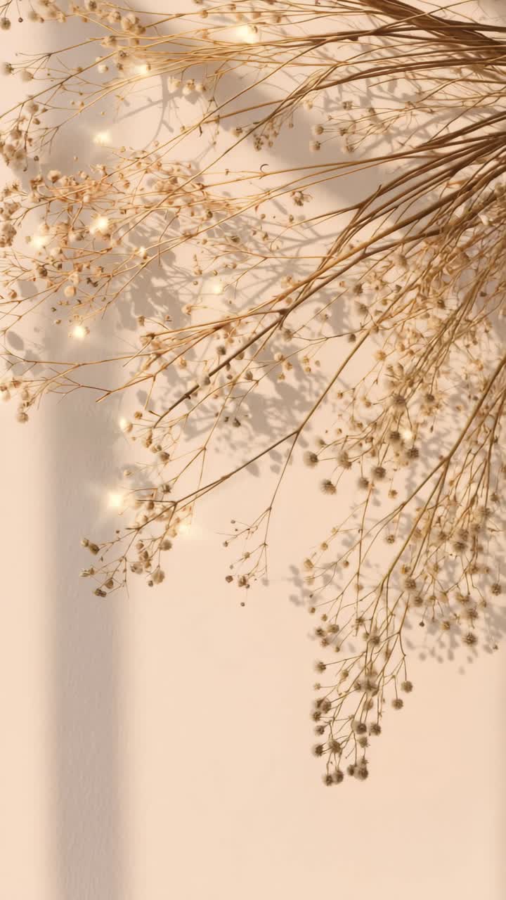 Video minimalista dall'alto con fiori secchi delicati che proiettano ombre tenui su uno sfondo beige