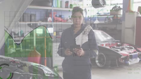 animation of financial data processing over biracial female car mechanic using tablet