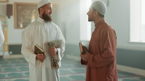 islam, men and talking in mosque for religion