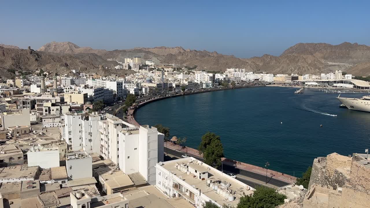 Muscat Corniche 4K Waterfront Coastal Cityscape Mutrah Harbor Oman Gulf Middle East Seaside Promenade Footage