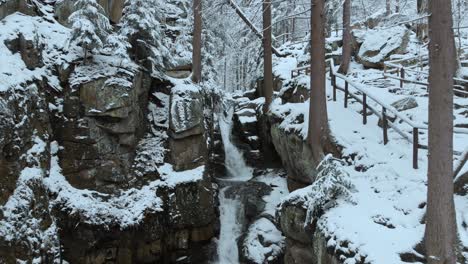 vista aérea de una cascada, en medio de acantilados y bosques, en las montañas karkonosze, en un día de invierno nublado, en polonia - retrocede, tiro de drones