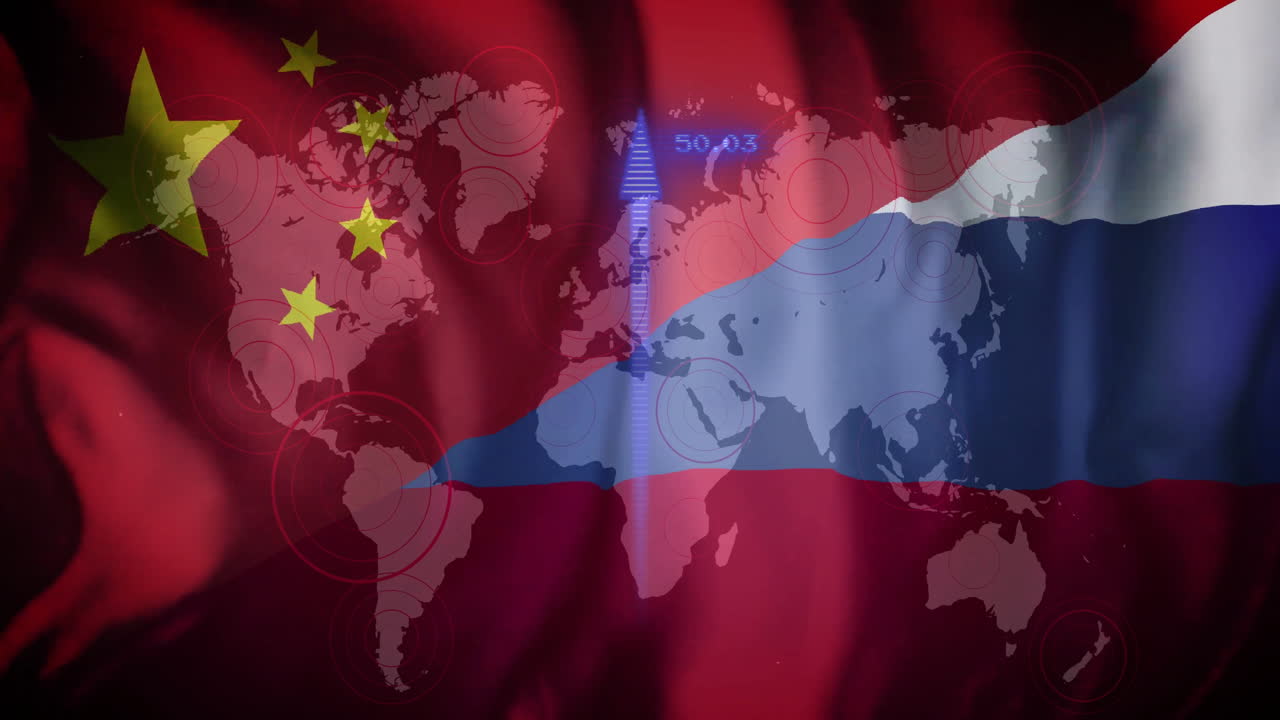 중국과 러시아의 발을 가진 세계 지도 데이터 처리 애니메이션