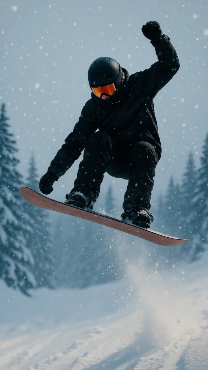 Dynamic low-angle shot of a snowboarder mid-air, capturing the thrill of winter sports
