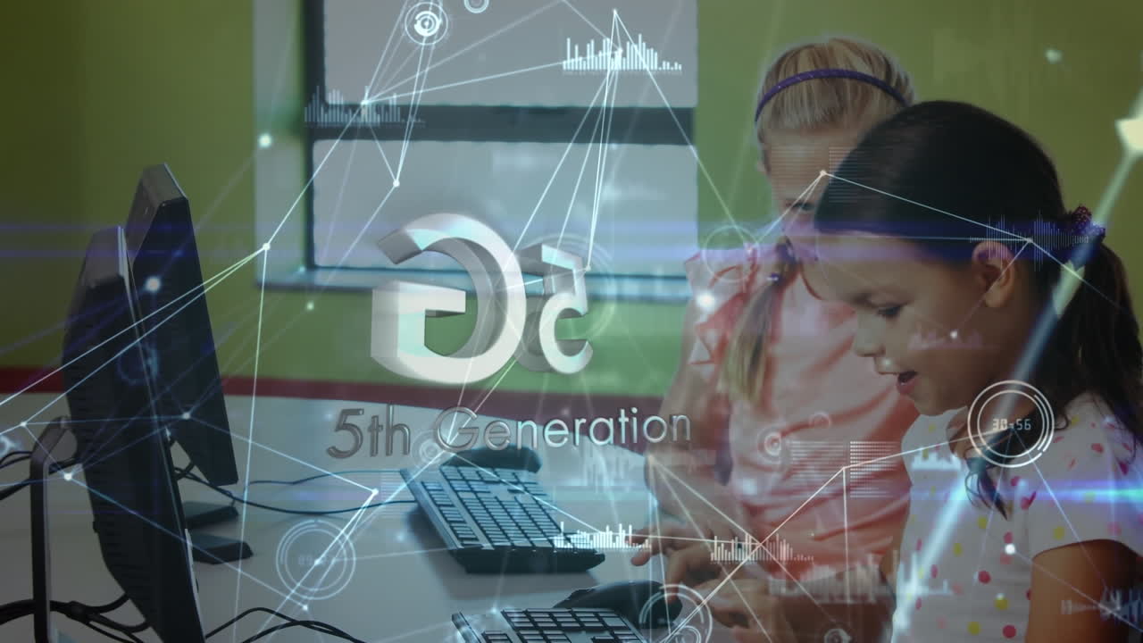 animación de la quinta generación y puntos conectados, gráficos sobre niñas caucásicas estudiando en computadoras