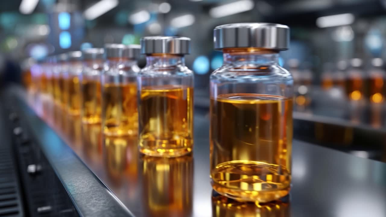 Rows of Transparent Glass Vials Filled with Golden Liquid in a Modern Pharmaceutical Production Facility Showcasing Precision and Quality Control