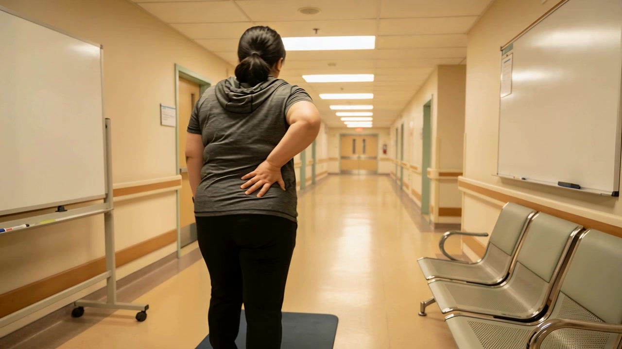 Partendo dal tappetino, donna asiatica con felpa grigia che cammina lungo un corridoio medico tenendosi la parte bassa della schiena