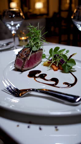 seared tuna steak with greens and balsamic glaze on a white plate