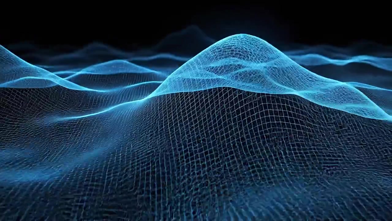Abstract Blue Wireframe Grid Undulating in a Digital Landscape