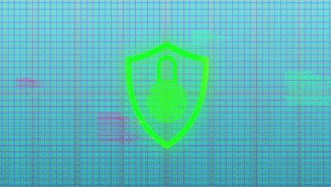 animation of digital biometric padlock icon and data processing over grid