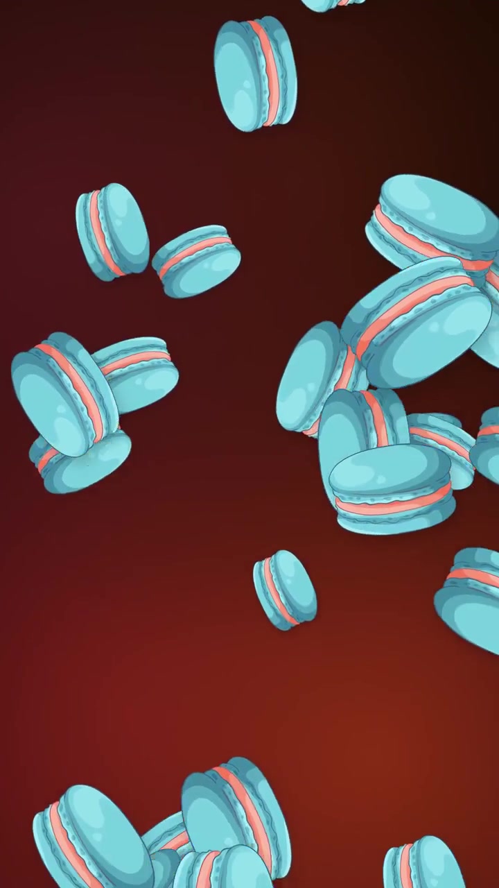Stylized blue macarons fall and tumble through a vertical frame over dark red mesh background.