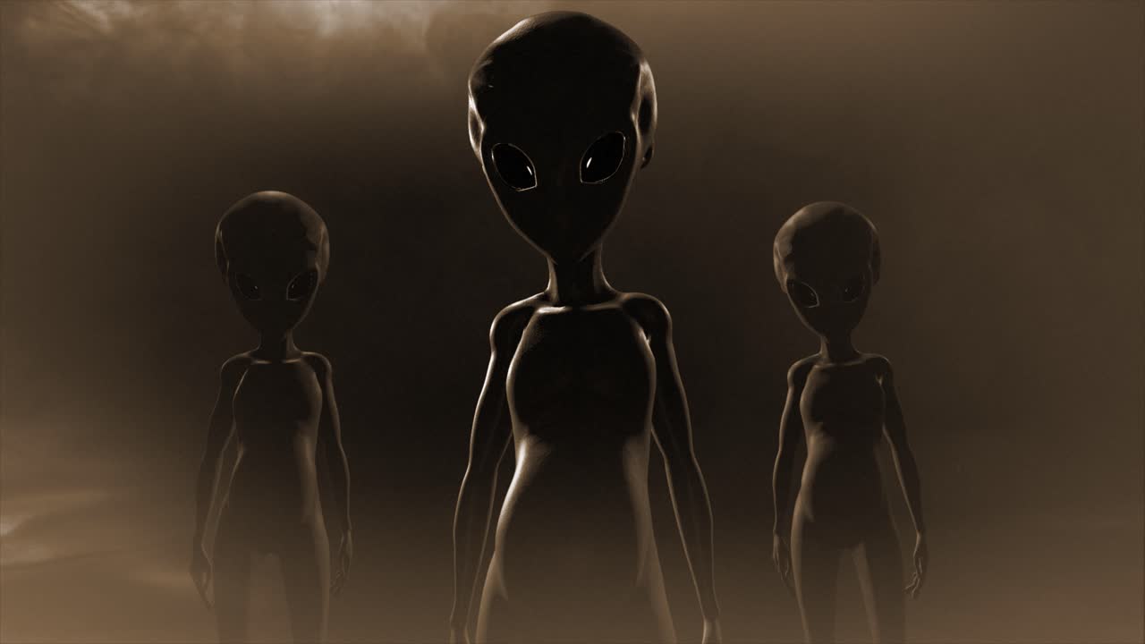 3D CGI slow, smooth push-in shot of a group of three classic, shiny-skinned Roswell grey aliens looking eeire and menacing, in an ominous swirling cloud of mist, with grey and sepia color tint