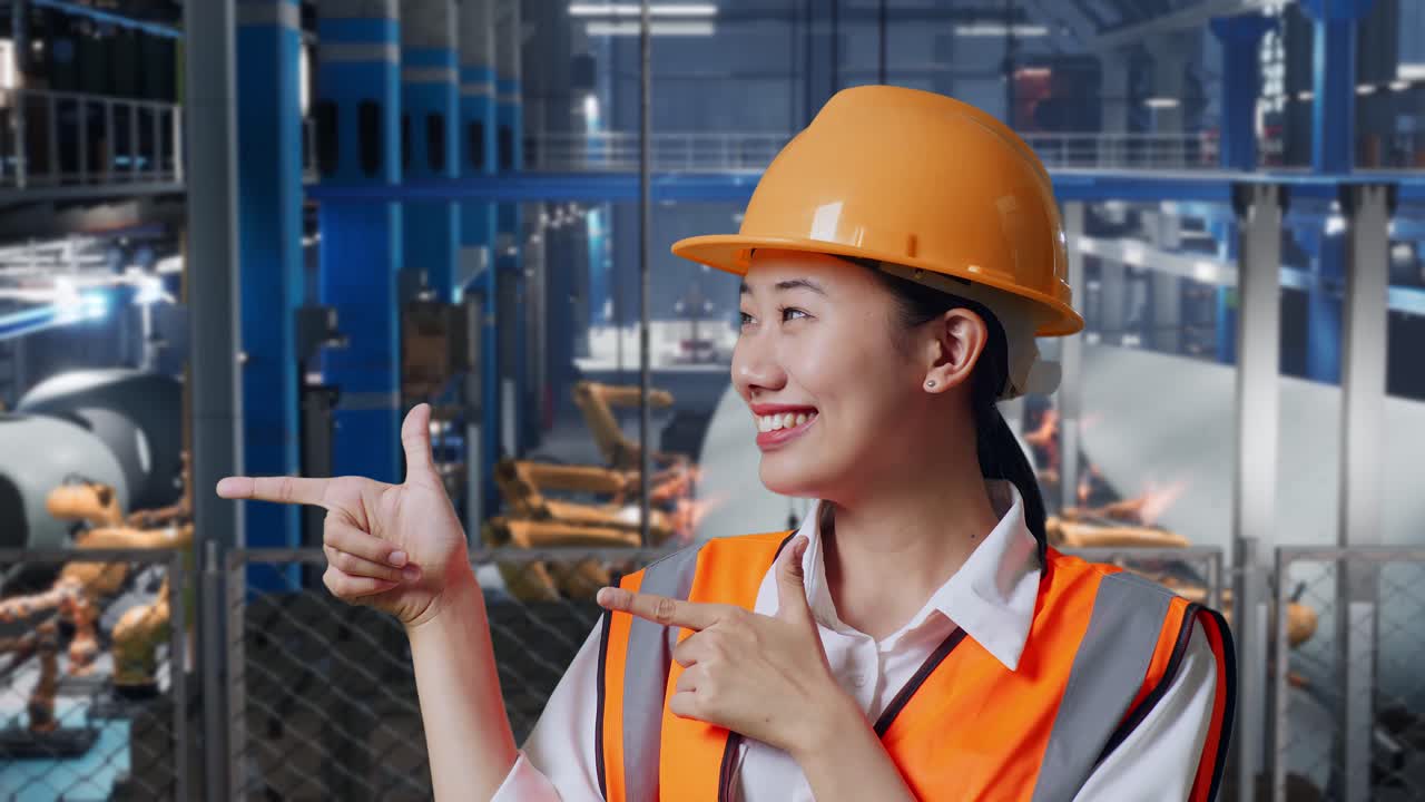 안전 헬을 착용한 아시아 여성 엔지니어가 풍력 터빈 제조 공장에서 서서 웃고 을 가리키며 로 팔이 작동하는 동안 무언가를 추천합니다.