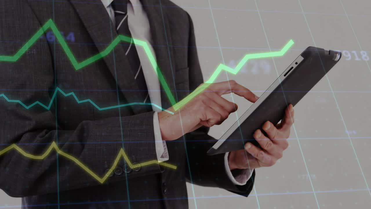 Analyst initiating tablet tap, following green spike while tapping, swiping, tracking market charts