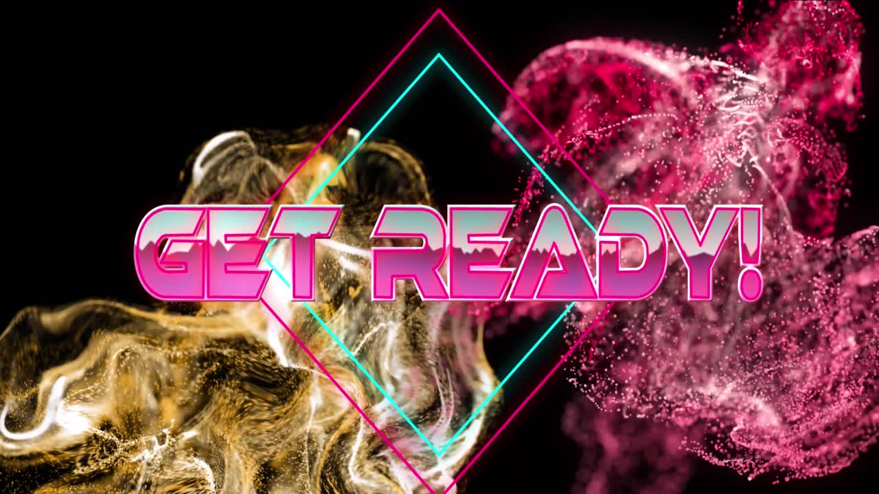 검은색 배경에 황금색과 분홍색 디지털 파동 위에 준비 텍스트 배너의 애니메이션