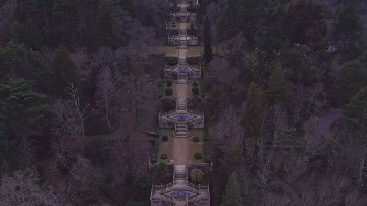 Famous stairs at Santu&aacute;rio de Nossa Senhora dos Rem&eacute;dios Lamego during day time, aerial