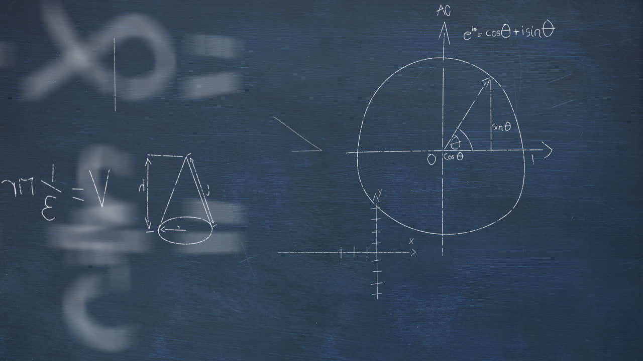 파란색 칠판 배경에 떠다니는 수학 방정식과 공식의 애니메이션