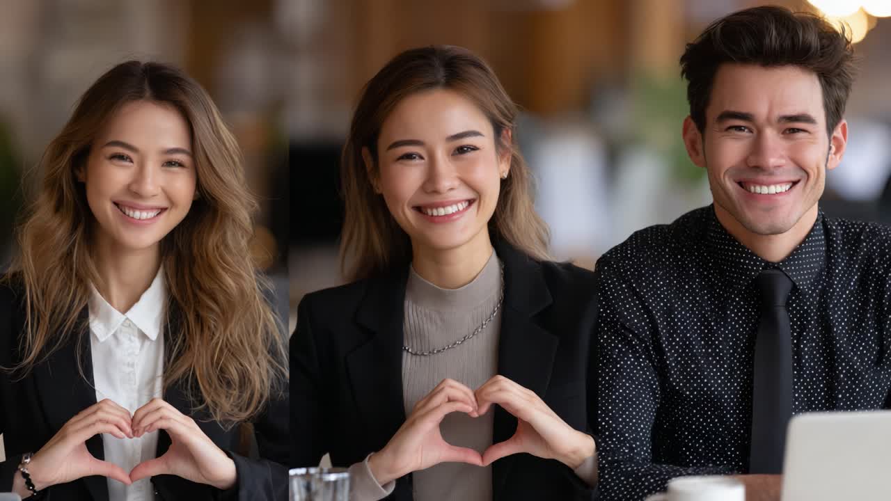 A Friendly Gathering: Three Professionals Radiate Joy and Connection While Forming Heart Shapes with Their Hands in a Pleasant Office Setting