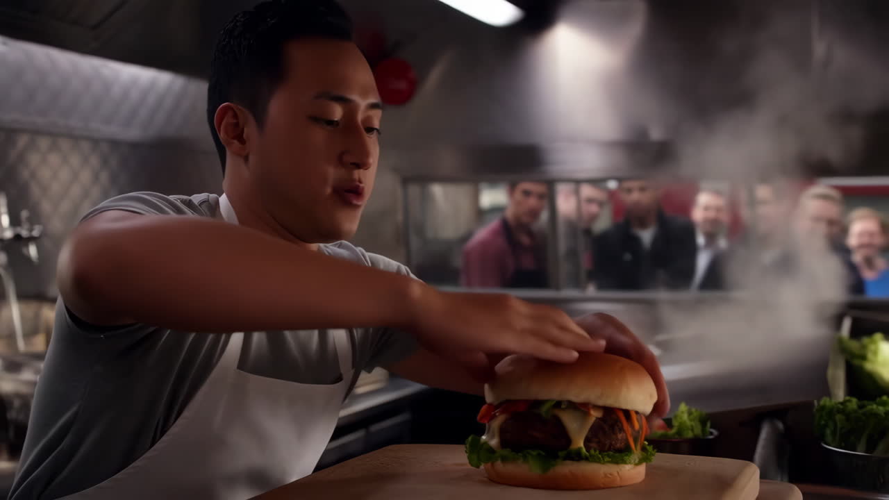A chef preparing burgers for customers in a food truck