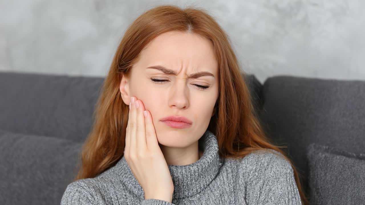 Una giovane donna con un maglione grigio mostra disagio a causa del mal di denti, stringendosi la mascella per il dolore mentre è seduta su un divano con uno sfondo neutro.