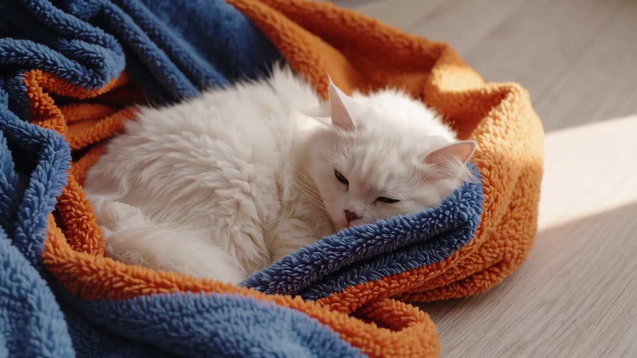 White Cat Napping Under a Cozy Blanket