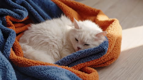 white cat napping under a cozy blanket