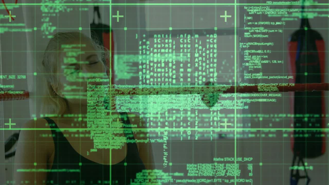 Female boxer leaning on ropes, green code shifting, revealing hand wraps, resting between rounds