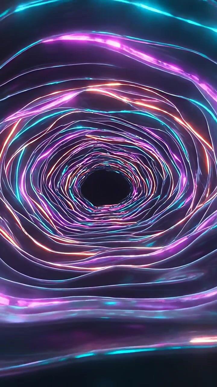 Vertical video: Moving camera showing glowing ribbon tunnel in dark central void, pulsing vortex
