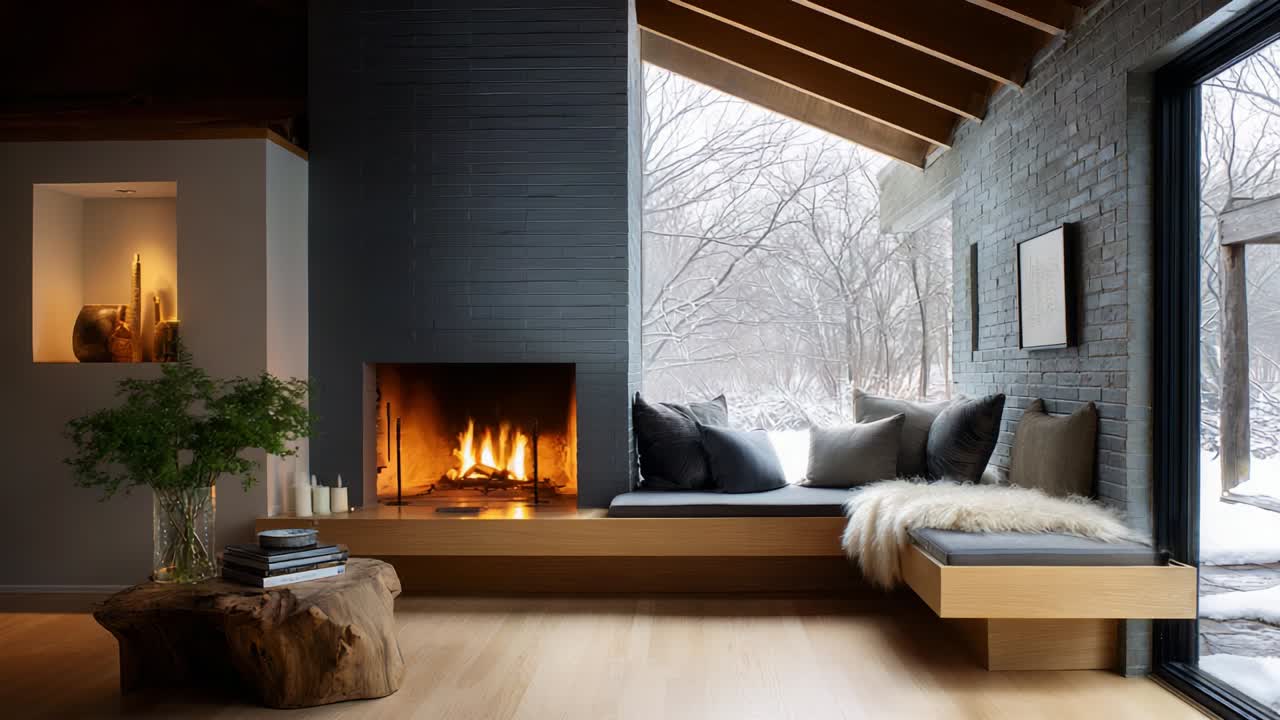 A Cozy Modern Living Space Featuring a Warm Fireplace, Inviting Seating Area, and Serene Winter Views through Panoramic Windows, Enhancing Comfort and Elegance in Interior Design