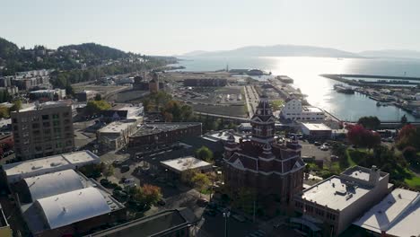 Aerial-View-Of-Whatcom-Museum-And-Bellingham-Bay-In-Bellingham,-Washington-On-A-Sunny-Day