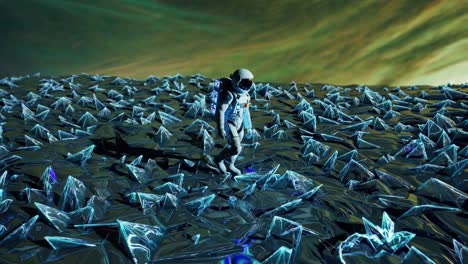 astronaut exploring a crystalline alien planet