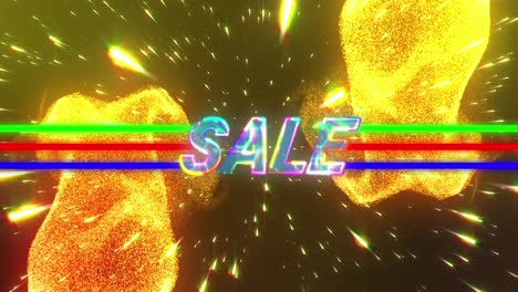 Animation-of-sale-text-in-colourful-letters-with-green,-red-and-blue-lines-over-yellow-particles