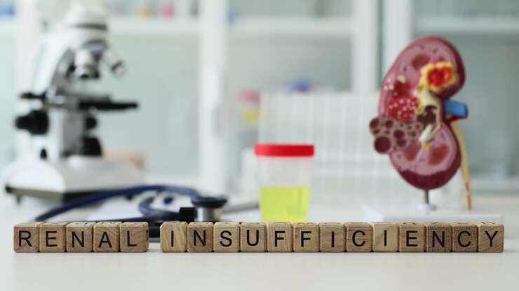 Renal insufficiency words next to model of kidney in clinic