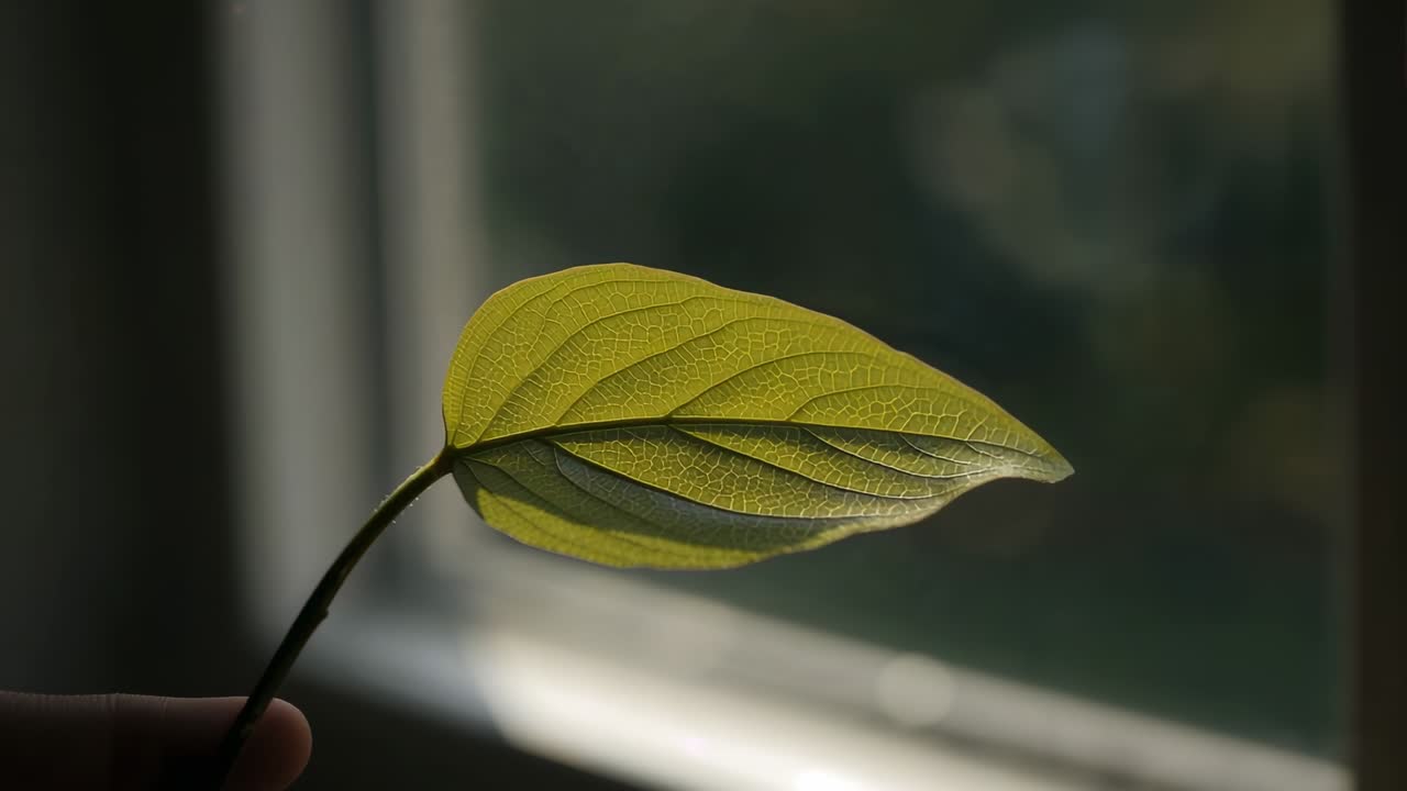 Eine sich nähernde linke Hand platziert ein einzelnes grünes Blatt am Fenster, das beleuchtete Adern zur Untersuchung enthüllt.