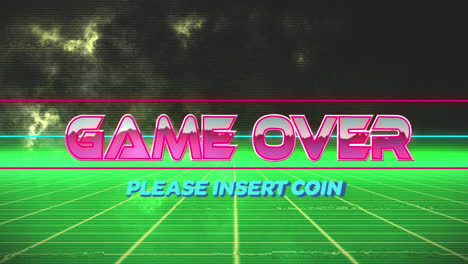 animation of game over text over clouds and green squares