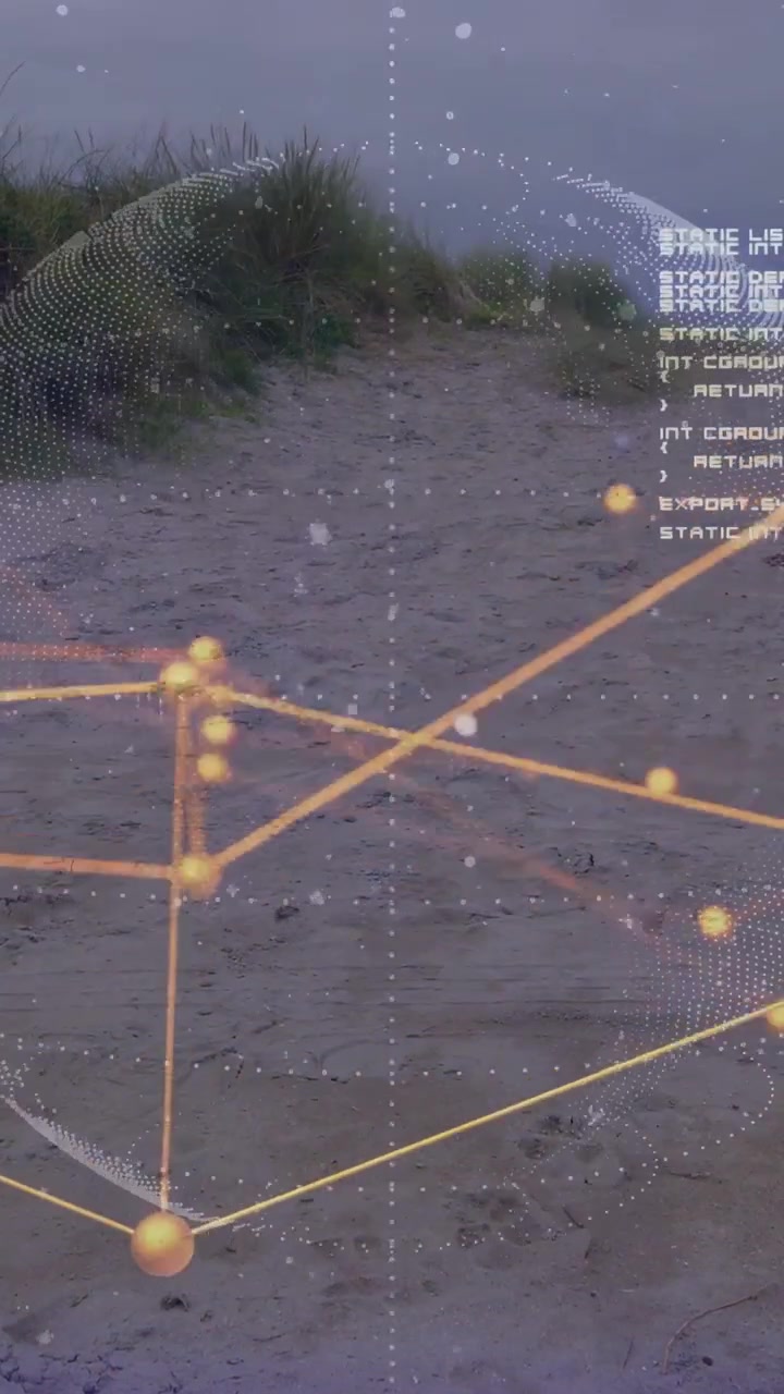 Vertical video: Holo sphere appearing over shore rotating and flickering code showing tech network