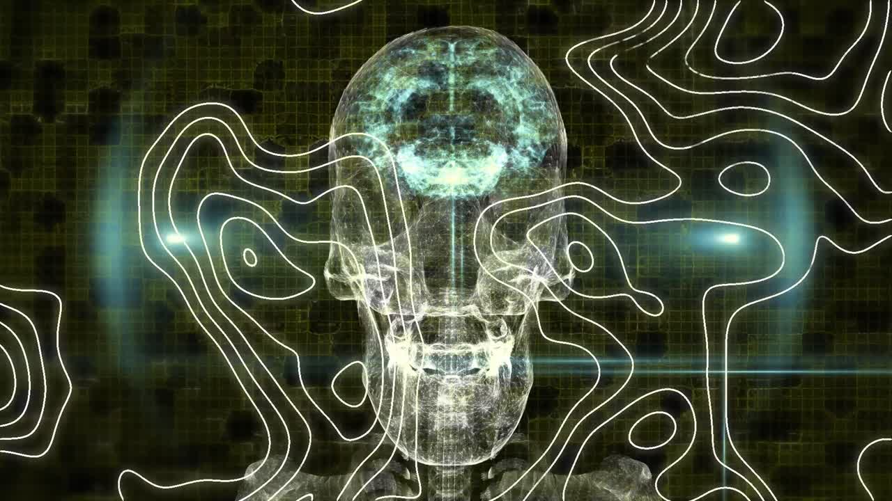 animación digital de la topografía sobre el cerebro humano contra un punto de luz sobre un fondo negro