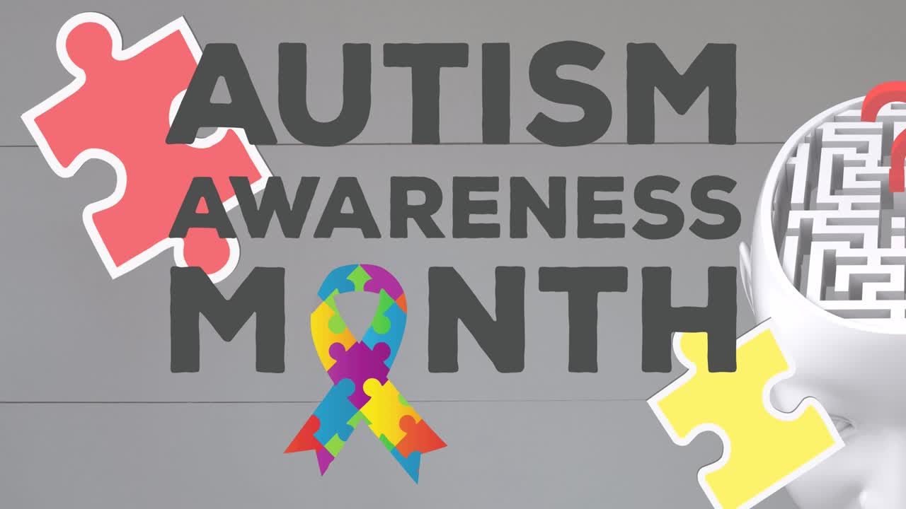 animación del mes de concienciación sobre el autismo texto y cinta formada con rompecabezas en gris