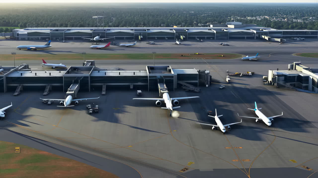 Aerial View of a Busy Airport Terminal with Airplanes
