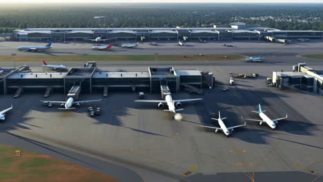 aerial view of a busy airport terminal with airplanes