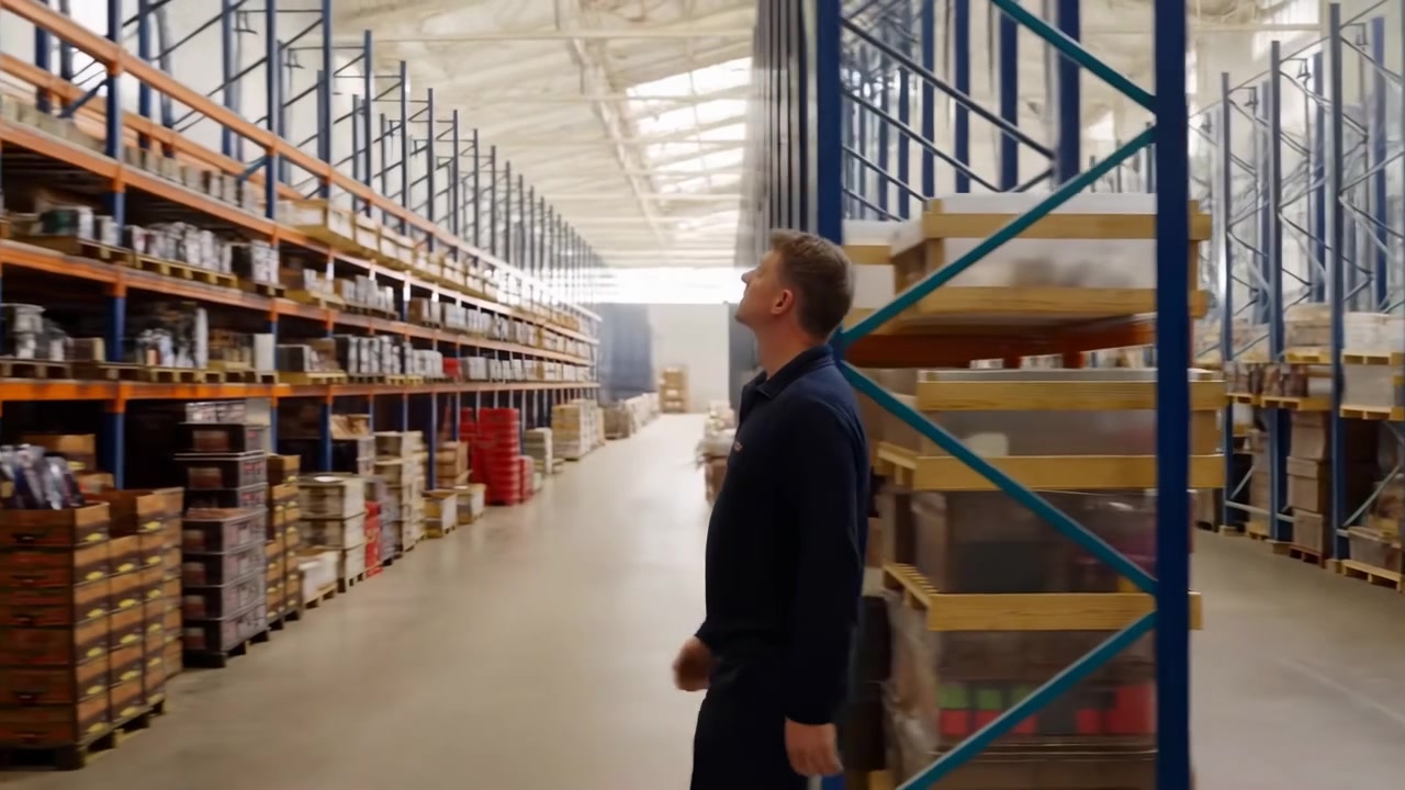 Lagerarbejder bevæger sig gennem rummelig industriel gang, mens han kigger opad mod høje reoler, kontrollerer omhyggeligt stablede paller og papkasser inde i et organiseret lagerområde med lyst.