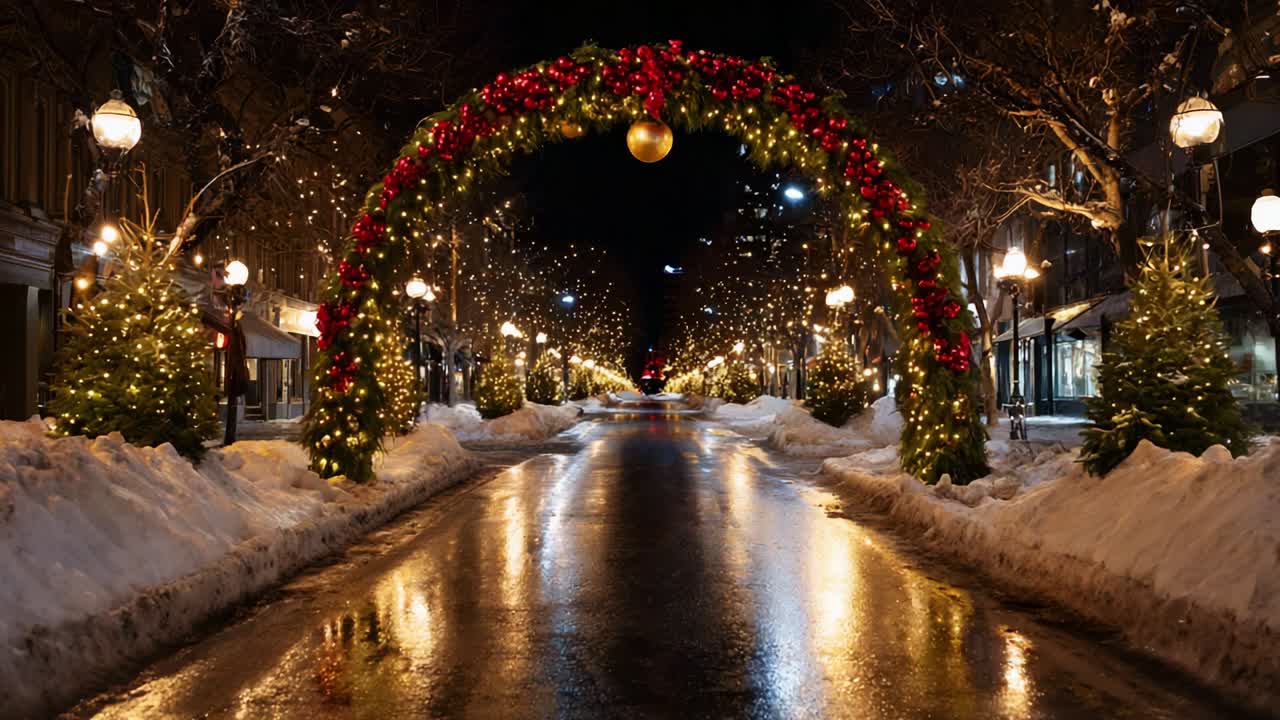 A mesmerizing winter night scene showcasing a beautifully illuminated street adorned with a grand arch of festive decorations, surrounded by snow-covered trees glistening under twinkling lights and reflections