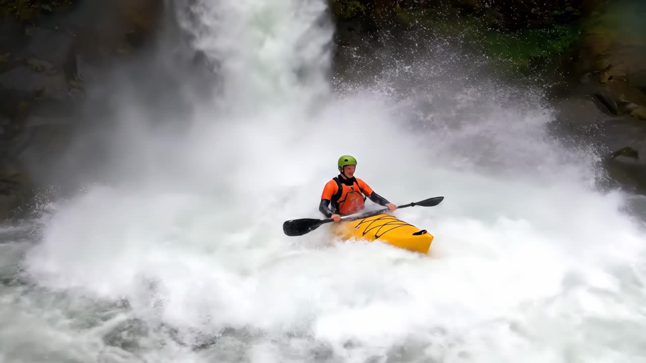 Kayak in canoa sotto una cascata