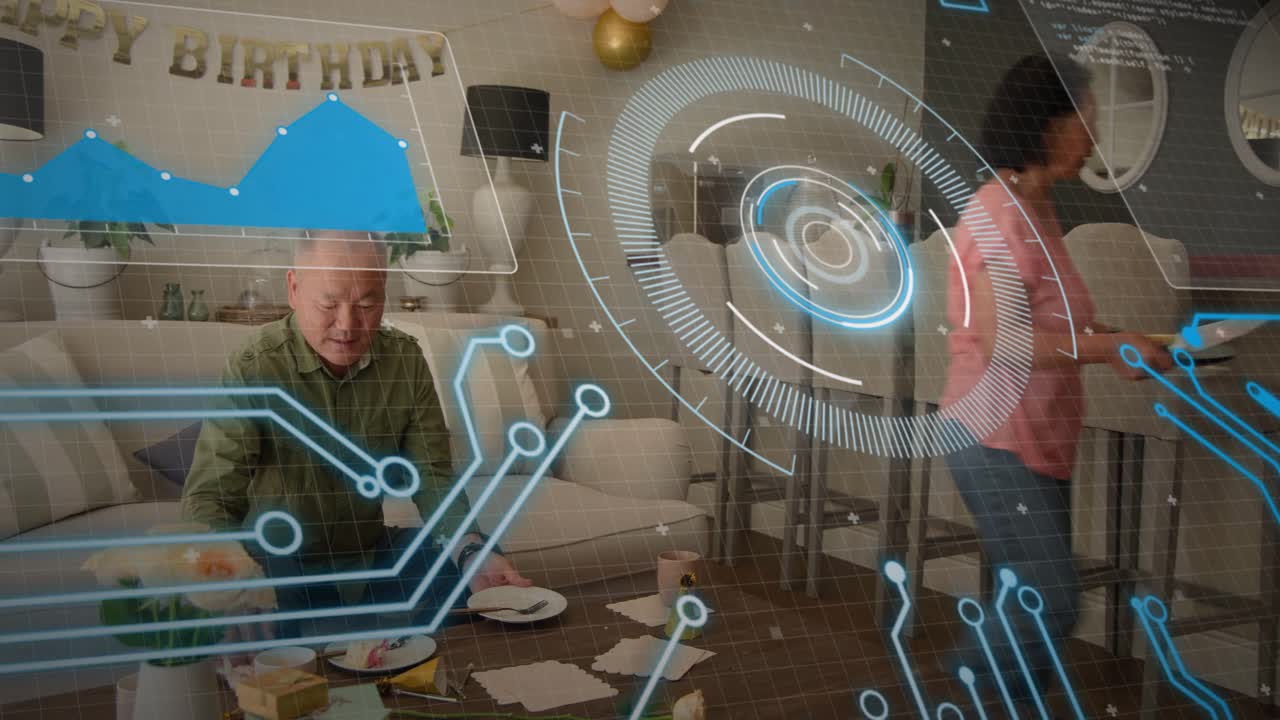 Mature couple clearing plates in home after birthday banner prompt, tech HUD highlighting table