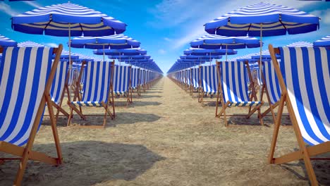 a lot of sun umbrellas and deck chairs at the empty beach in the summer, looping 3d animation