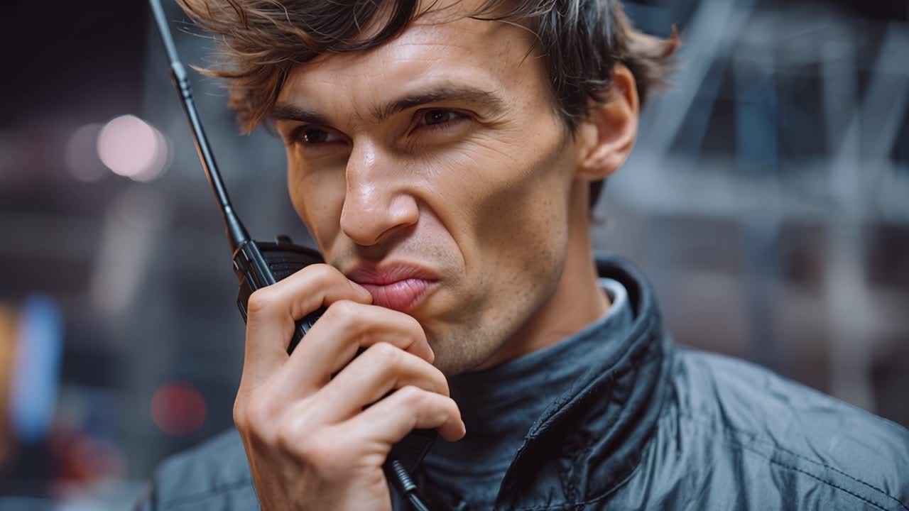 Ein junger Mann hält ein Walkie-Talkie in einer urbanen Umgebung. Ein konzentrierter Ausdruck zeigt Aufmerksamkeit für die Kommunikation. Entfernte Stadtlichter verschwimmen sanft hinter ihm. Ein städtischer Arbeiter koordiniert Aufgaben über ein Handfunkgerät.