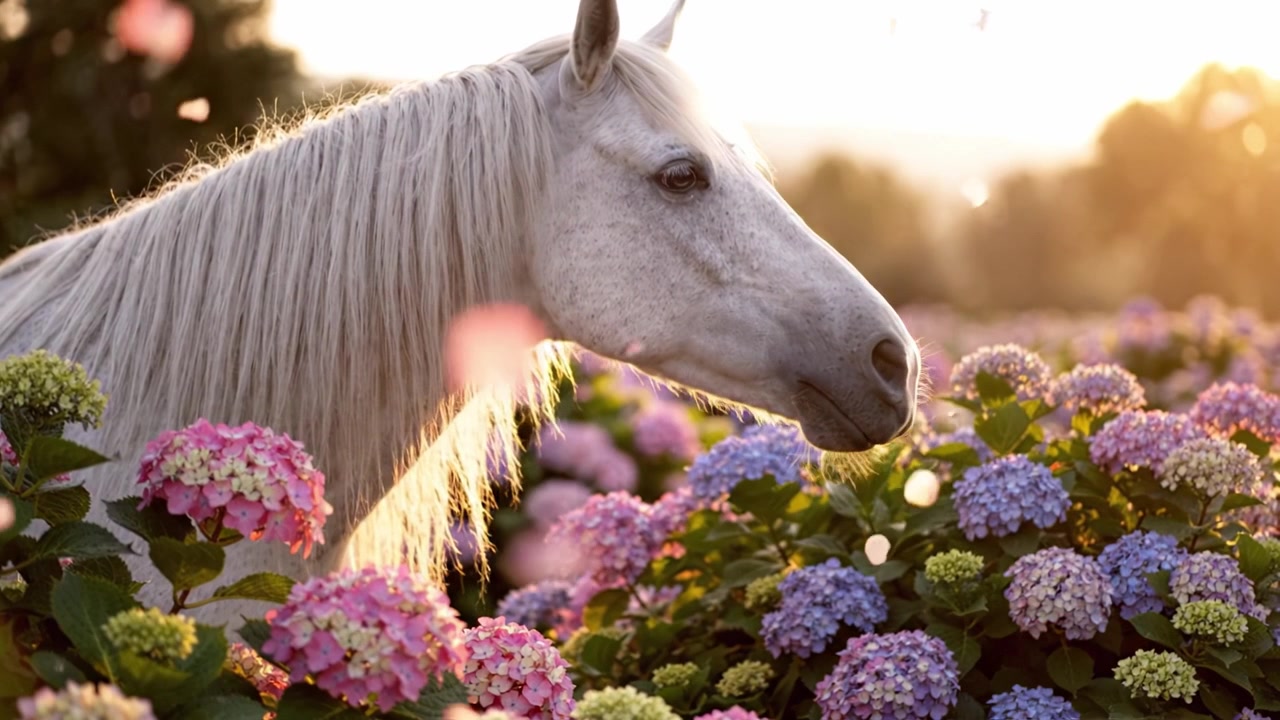 En majestætisk hvid hest poserer yndefuldt midt blandt blomstrende hortensiaer i et blødt solnedgangsskær, der oplyser det blomstrende landskab med ro og skønhed.