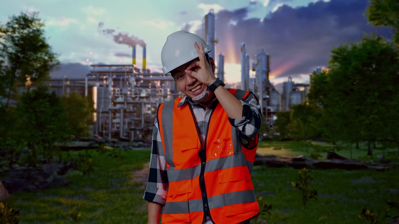Engineer Smiling at Factory with Safety Vest